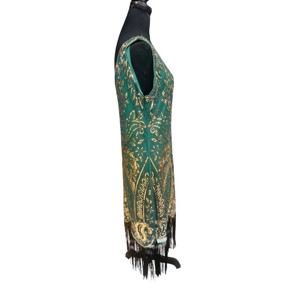 Green Gold Sequined Flapper Style Dress Fringe Hem Holiday Party XL By Fundaizy - Picture 3 of 9